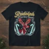 Rudolph The Red-Nosed Reindeer graphic t-shirt with geometric reindeer, candy canes, and string lights design