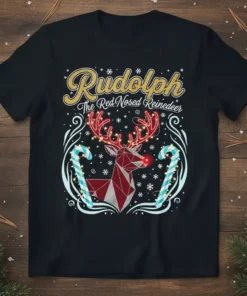 Rudolph The Red-Nosed Reindeer graphic t-shirt with geometric reindeer, candy canes, and string lights design
