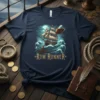 Rum Runner t-shirt design with a vintage pirate ship sailing through waves, pouring rum from a glass, with moonlit sky