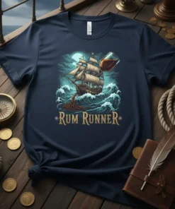 Rum Runner t-shirt design with a vintage pirate ship sailing through waves, pouring rum from a glass, with moonlit sky