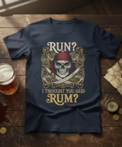 Pirate skull with bandanna and crossed swords, text "RUN? I THOUGHT YOU SAID RUM?" on a navy t-shirt