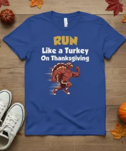 Run Like a Turkey On Thanksgiving t-shirt with muscular cartoon turkey running, yellow and white text