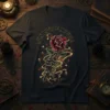 Gothic t-shirt design with "Run Little Mouse" text, skeleton hand holding a red rose, and small skulls