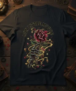 Gothic t-shirt design with "Run Little Mouse" text, skeleton hand holding a red rose, and small skulls