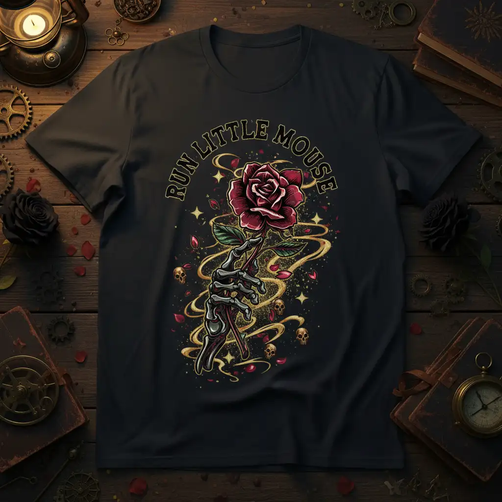 Run Little Mouse gothic t-shirt featuring a skeleton hand holding a red rose and dark aesthetic elements
