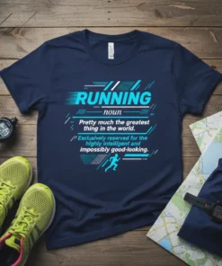Navy t-shirt with "RUNNING noun Pretty much the greatest thing in the world Exclusively reserved for the highly intelligent and