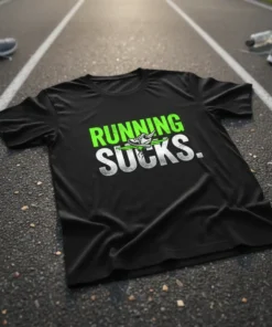 Black t-shirt with "RUNNING SUCKS." design in green and white, featuring a running shoe graphic