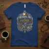 Running on Coffee and Jesus quote with coffee cup and cross graphic on a navy t-shirt