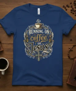 Running on Coffee and Jesus quote with coffee cup and cross graphic on a navy t-shirt