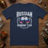 Russian Drinking Team t-shirt design featuring two beer mugs with Russian flags clinking together and bold white text