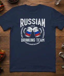 Russian Drinking Team t-shirt design featuring two beer mugs with Russian flags clinking together and bold white text