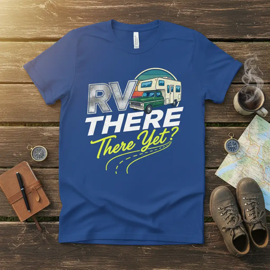 RV THERE There Yet? quote with vintage RV and truck graphic on a blue tee for campers