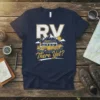 T-shirt with "RV There Yet?" text and a yellow camper van driving through mountains, featuring RV life theme