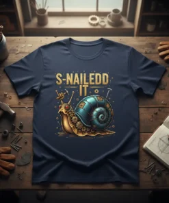 S-Nailedd It T-Shirt with steampunk snail hammering a nail, featuring gold text and gears