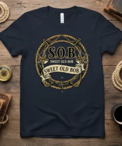 S.O.B. Sweet Old Bob nautical t-shirt with rope, anchors, swallows, and compass rose design