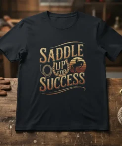 Saddle Up For Success text with horse rider graphic and horseshoe on vintage style t-shirt