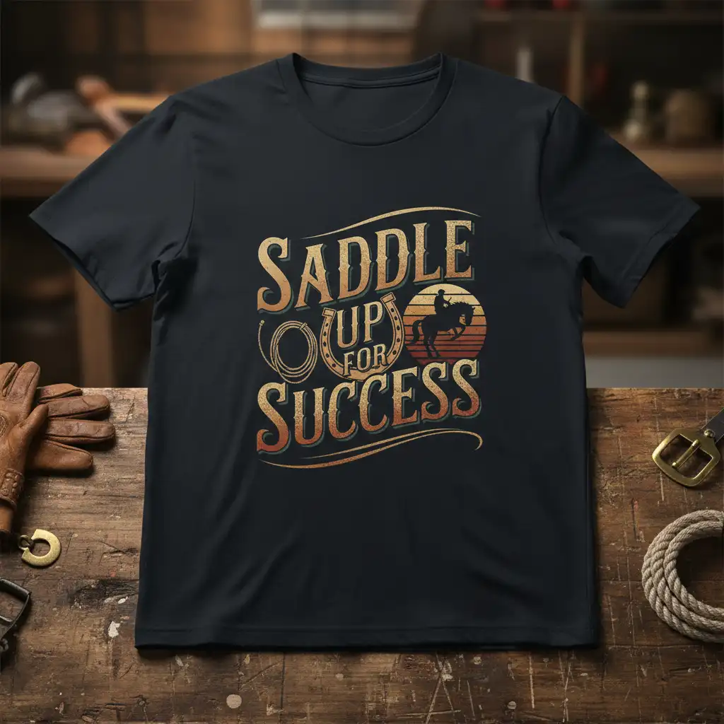 Saddle Up For Success quote with horse rider silhouette and horseshoe graphic on a dark t-shirt