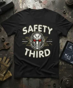 Safety Third t-shirt with a robotic helmet graphic and distressed text