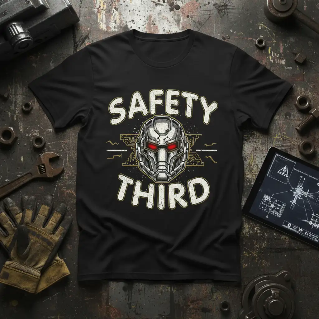 Safety Third quote on a t-shirt with a futuristic robotic helmet graphic