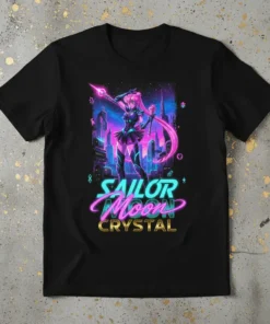 Sailor Moon Crystal anime t-shirt featuring a vibrant retro 90s graphic of Sailor Moon standing in a neon city