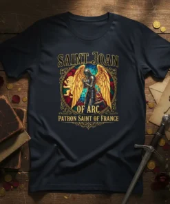 Saint Joan of Arc Patron Saint of France t-shirt design featuring kneeling knight with wings and lion graphic
