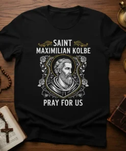 Saint Maximilian Kolbe Pray For Us quote in decorative shield design on black t-shirt