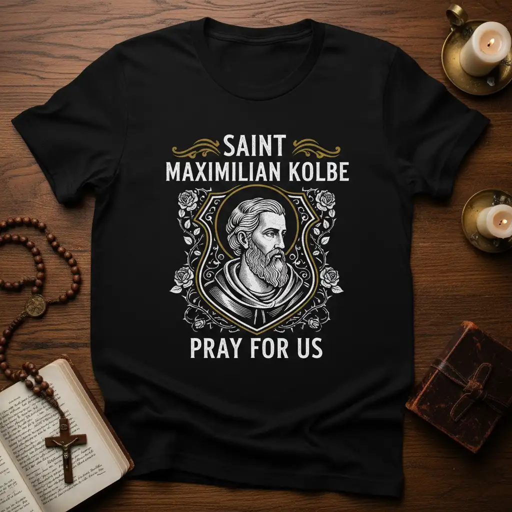 Saint Maximilian Kolbe Pray For Us quote in ornate shield design with portrait and roses