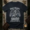 Saint Michael Defend Us In Battle t-shirt design with Archangel Michael slaying a dragon, featuring lightning and bold white text