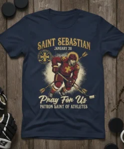 Saint Sebastian January 20 Pray For Us Patron Saint of Athletes t-shirt with hockey player graphic