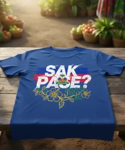 Sak Pale? Haitian Creole saying t-shirt with Haiti flag and floral design
