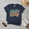 Saltwater Seashells Sunshine t-shirt with vintage-inspired typography and beach motifs