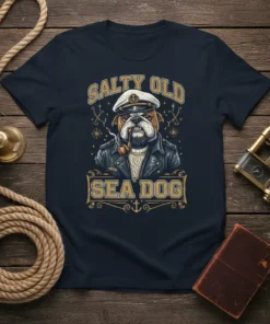 Salty Old Sea Dog T-Shirt featuring a bulldog captain wearing a sailor hat and smoking a pipe