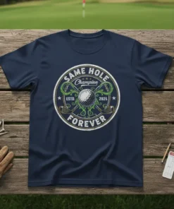 Navy t-shirt with "SAME HOLE Champion ESTD. 2025 FOREVER" text, golf ball, and clubs graphic design