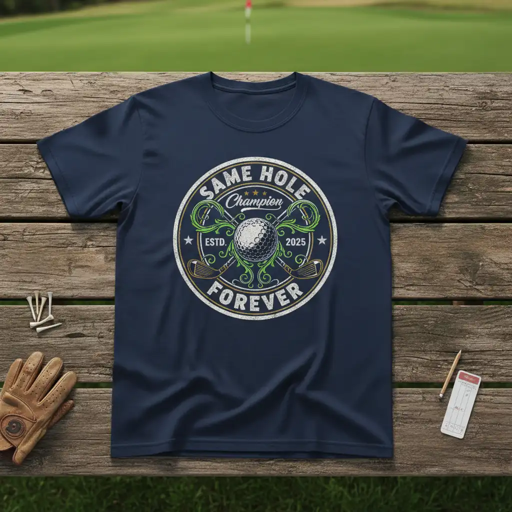 SAME HOLE Champion ESTD. 2025 FOREVER text and golf graphic on a navy blue t-shirt
