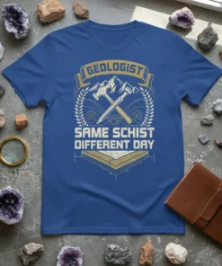 Geologist Same Schist Different Day t-shirt design featuring crossed hammers, mountains, and geological layers