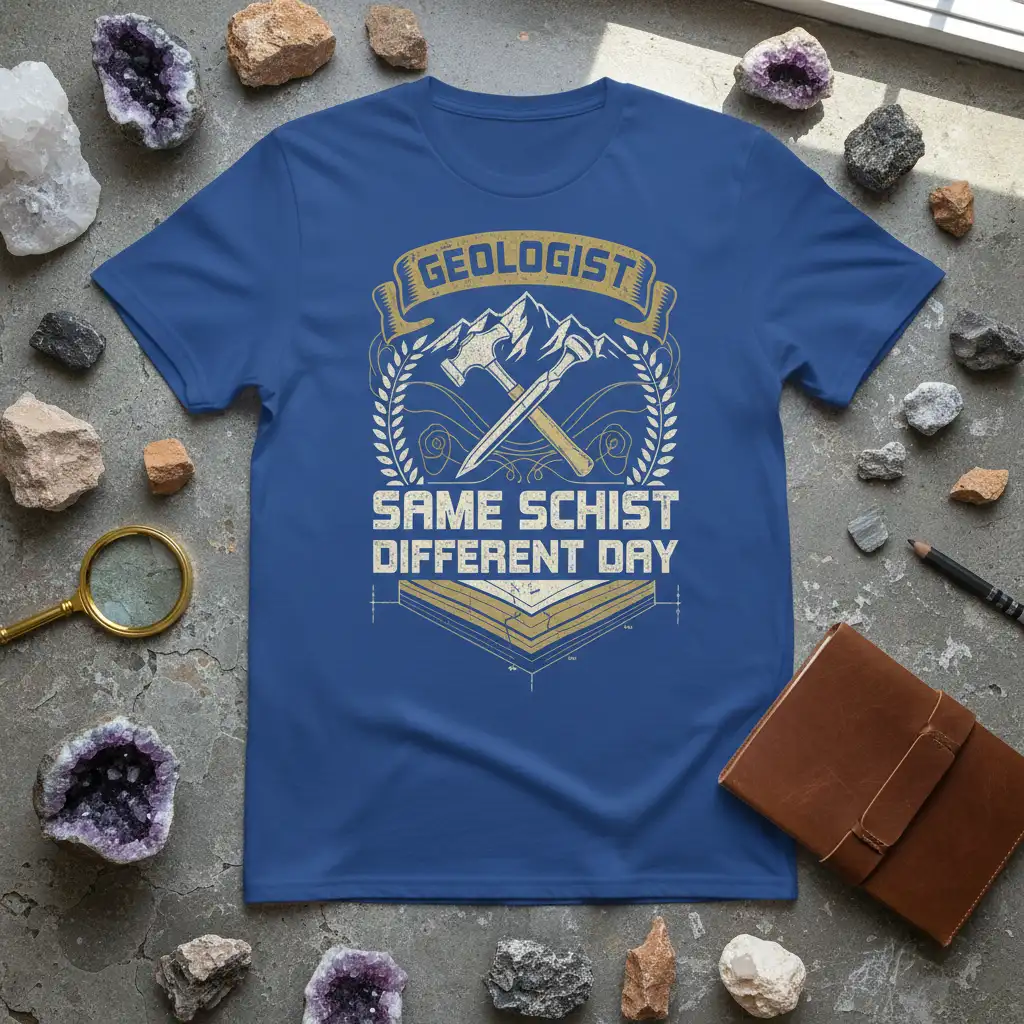 Geologist Same Schist Different Day quote tee with crossed hammers and mountain graphic