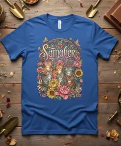 Samoker T-Shirt with a floral design featuring multiple cute kittens and butterflies, in a vibrant art style