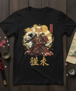 Samurai fox warrior design with Japanese text "武士 狐" and a traditional wave background, printed on a black t-shirt
