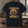 Samurai Monkey t-shirt design featuring a monkey in samurai armor holding a sword, with Japanese text