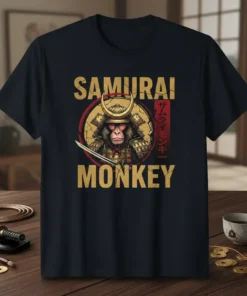 Samurai Monkey t-shirt design featuring a monkey in samurai armor holding a sword, with Japanese text