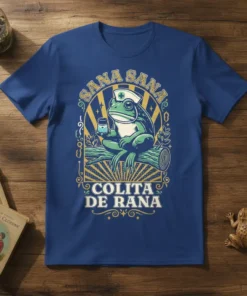 Sana Sana Colita De Rana text with a nurse frog illustration on a blue t-shirt