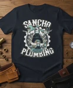 Sancho Plumbing Laying Pipe Night t-shirt design featuring cartoon plumbers and tools with bold typography