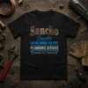 Black t-shirt with "Sancho Sancho LAYING DOWN THE PIPE PLUMBING SERVICE" text and wrench graphic