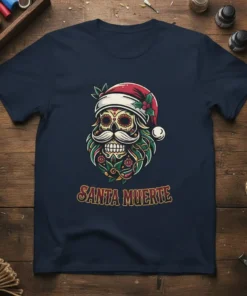 Santa Muerte Christmas Skull T-Shirt featuring a sugar skull wearing a Santa hat and a decorative beard, with the text