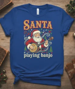 Blue t-shirt design with vintage-style illustration of Santa Claus playing a banjo, text reads "SANTA playing banjo"