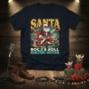 Santa playing electric guitar with "Santa Rock & Roll Electric Guitar" text, festive holiday design