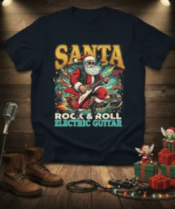 Santa playing electric guitar with "Santa Rock & Roll Electric Guitar" text, festive holiday design
