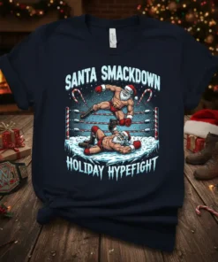 Santa Smackdown Holiday Hypefight t-shirt design featuring two Santas wrestling in a snowy ring with candy cane corner posts