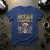 Santa's Favorite Cabrona Christmas T-Shirt with skull, Santa hat, and motorcycle exhaust pipes design