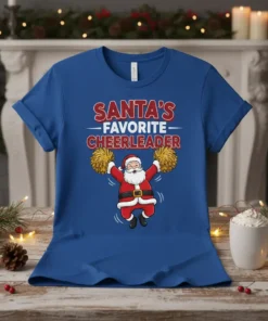 Santa's Favorite Cheerleader text with Santa Claus holding pom-poms on a blue t-shirt, Christmas themed design